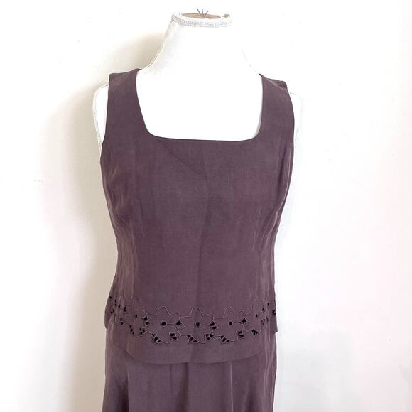 Vintage Jones New York Silk Linen Eyelet Maxi Skirt Set Size 8 Brown Boho Whimsy - Picture 2 of 15